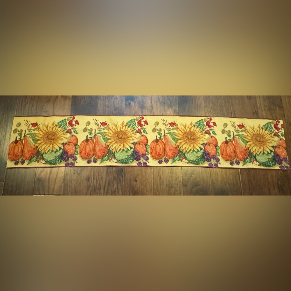 Gorgeous Fall / Autumn Tapestry Table Runner - Pumpkins and Sunflowers 13” x 69”